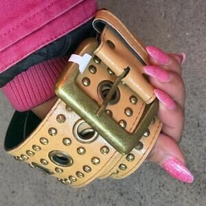 Tan and gold genuine leather studded belt